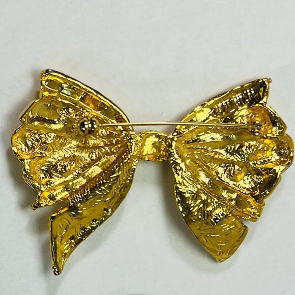 Vtg Gold Tone Bow Brooch Pin Clear and colorful Rhinestones Coat Scarf Hat Hair - Picture 4 of 6